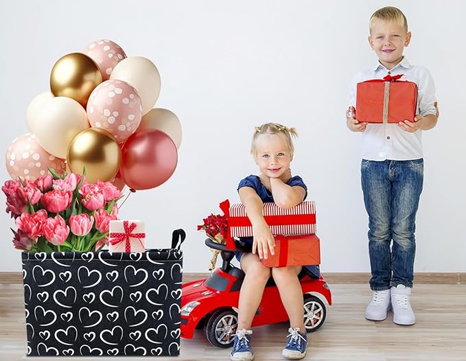 Rectangular Black Basket,Gift Basket Empty,Heart Print Toy Bin with Handles,Kids Toys/Books Box,Room Decor(Black Love)