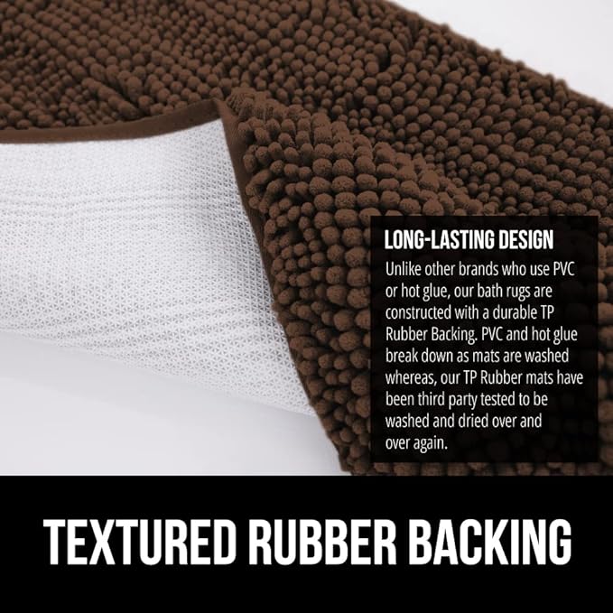 GORILLA GRIP Bath Rug Mat 44x26, Thick Soft Absorbent Chenille, Quick Dry Microfiber Mats, Rubber Backing Washable Shower Floor Rugs, Bathmat Runner, US Designed Bathroom Home Decor Accessories Brown