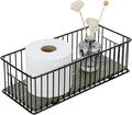 MyGift Modern Bathroom Storage Basket, Black Metal Wire Toilet Paper Holder with Vintage Gray Solid Wood Base, Toilet Tank Organizer Tray with Handles
