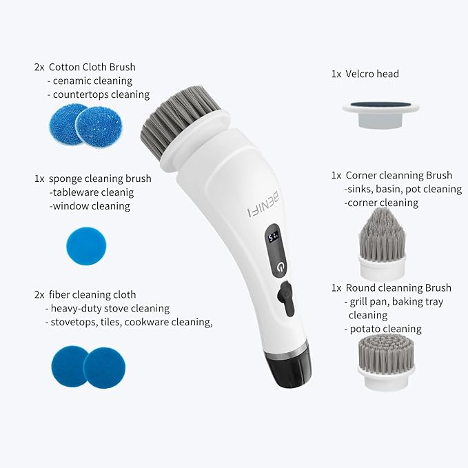 Benifi Electric Spin Scrubber Full-Body IPX7 Waterproof Cordless Bathroom Cleaning Brush with Power LCD Display and 8 Brush Heads
