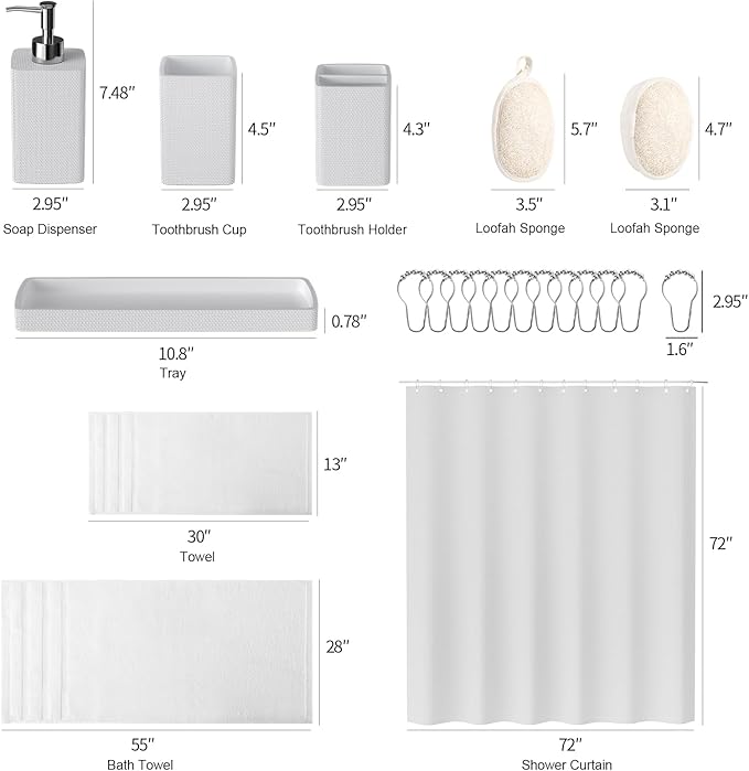 Resin White Bathroom Set, White Bathroom Accessories Set with Shower Curtain, Bath Towel Set, Natural Loofah Sponge, Soap Dispenser, Toothbrush Holder, Bathroom Tumbler and Tray for Bathroom