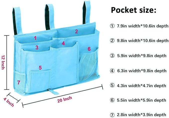 Createy Bedside Caddy Hanging Organizer Storage Bag Pocket for Bunk and Hospital Beds, College Dorm Rooms, Baby Bed Rails, Camp - 4 Pockets and 2 Hooks