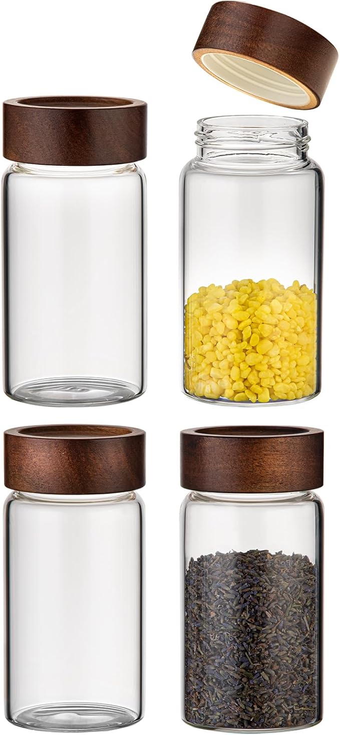 Patoper Small Glass Jars with Airtight Lid Clear Coffee Ground Storage Canister Wooden Lid Round Glass Spice Jar for Pantry Sugar Tea Bean Nuts Cookies Bath Salts (4×250ml(8.4oz))