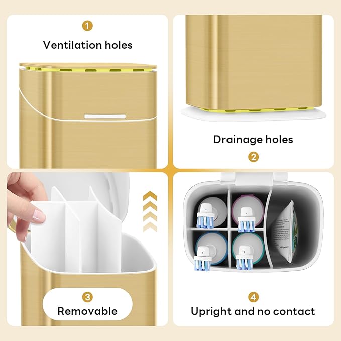 GFWARE Toothbrush Holders with Cover - Electric Toothbrush Length Less Than 9 inches, 5 Slots Tooth Brush Holder for Bathroom, Detachable Toothpaste Holder Bathroom Organizers with Drainage, Gold