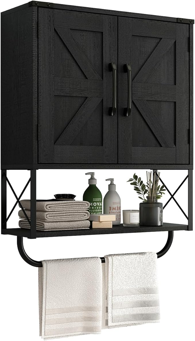 RUSTOWN Farmhouse Medicine Cabinet with 2 Barn Door, Wood Wall Mounted Storage Cabinet with Adjustable Shelf and Towel Bar, 3-Tier Bathroom Cabinet for Bathroom, Living Room(Black, Medium)