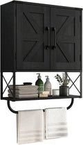 RUSTOWN Farmhouse Medicine Cabinet with 2 Barn Door, Wood Wall Mounted Storage Cabinet with Adjustable Shelf and Towel Bar, 3-Tier Bathroom Cabinet for Bathroom, Living Room(Black, Medium)