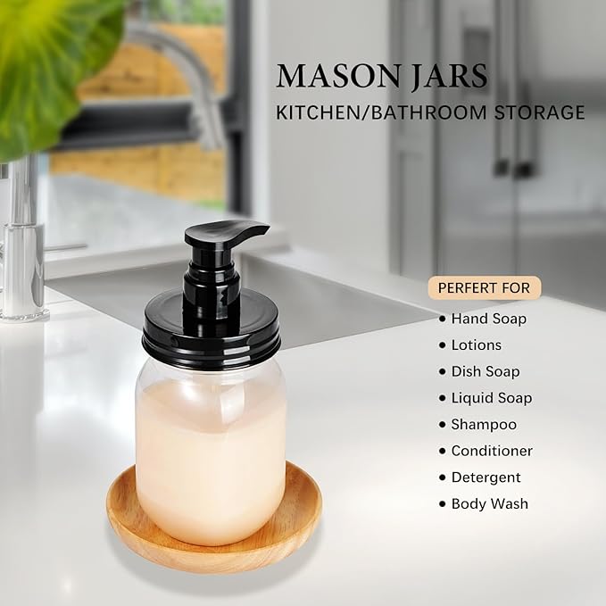 Amolliar Plastic Mason Jar Soap Dispenser with Pump Lid,16OZ Refillable BPA-Free Hand Soap Dispenser Set with Cute Lables - Farmhouse Decor for Kitchen/Bathroom,Liquid Soap,Dish Soap, Lotion (4 Pack)