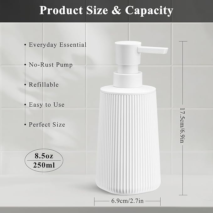 White Hand Soap Dispenser with No Rust Pump for Bathroom and Kitchen Countertops Refillable Striped Matte Plastic 8.5 oz