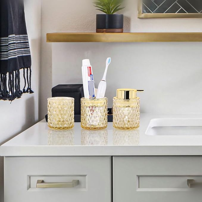 Bathroom Accessories Set, 3pcs Amber Glass Bathroom Accessory Set,Toothbrush Holder, Foaming Soap Dispenser and Tumbler, Gold Bathroom Decor Sets for Organizer, Home Apartment Gift
