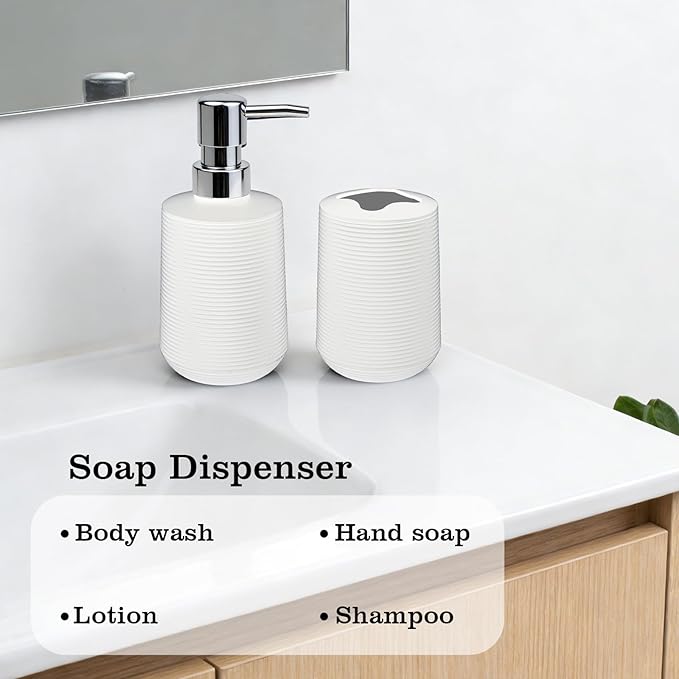 Bathroom Accessories Set, Bathroom Soap Dispenser & Toothbrush Holder Set, 2Pcs High Capacity Bathroom Set in White, Minimalist Boho Style for Clutter-Free Bathroom