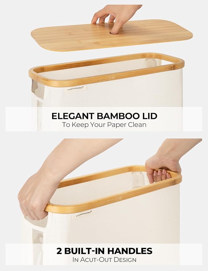 StorageWorks Large Toilet Paper Storage with Bamboo Lid, Toilet Paper Holder Basket for Up to 12 Mega or 16 Regular Size Rolls, Paper Storage Baskets for Bathroom, Beige, 1 Pack
