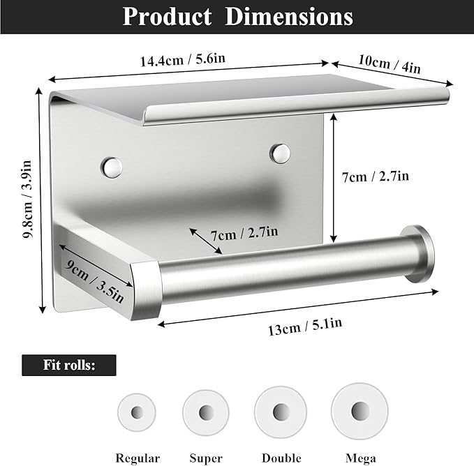 Tindbea Toilet Paper Holder with Phone Shelf, Adhesive or Screw Wall Mount Toilet Tissue Roll Holder, Rustproof & Multifunctional Stainless Steel Bathroom Storage Dispenser (Brushed Nickel)