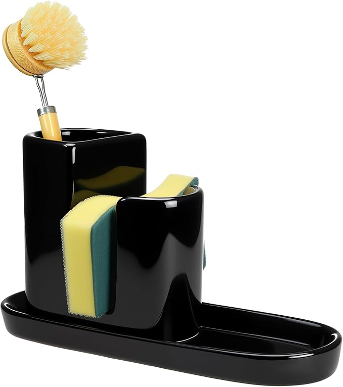 Geelin 3 in 1 Ceramic Kitchen Sink Caddy Dish Sponge Holder Scrub Brush Holder and Soap Tray for Kitchen Organizer Rustic Farmhouse Supplies(Black)