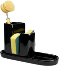 Geelin 3 in 1 Ceramic Kitchen Sink Caddy Dish Sponge Holder Scrub Brush Holder and Soap Tray for Kitchen Organizer Rustic Farmhouse Supplies(Black)