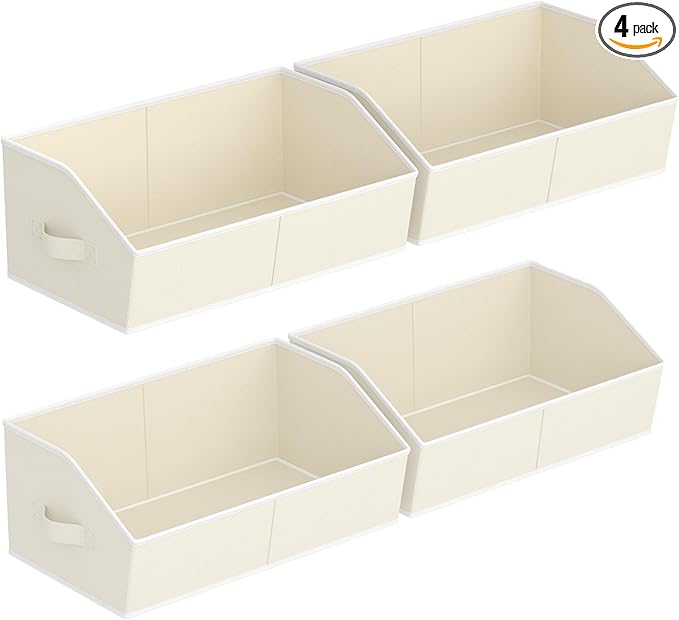 Storage Bins for Shelves - Large Trapezoid Closet Shelf Organizer, Fabric Organization Bins with Handles, Storage Baskets for Clothes, Towel, Purse, 4 Pack, Beige