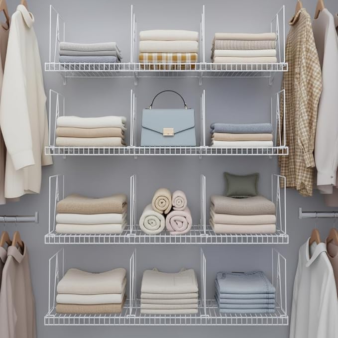 Wire Shelf Dividers - White Closet Organization & Storage Organizer - No Tool Shelf Divider for Wire Shelves - Metal Shelf Accessories – for 12“ Deep Wire Shelves – Tall 12” Height – 4 Pack