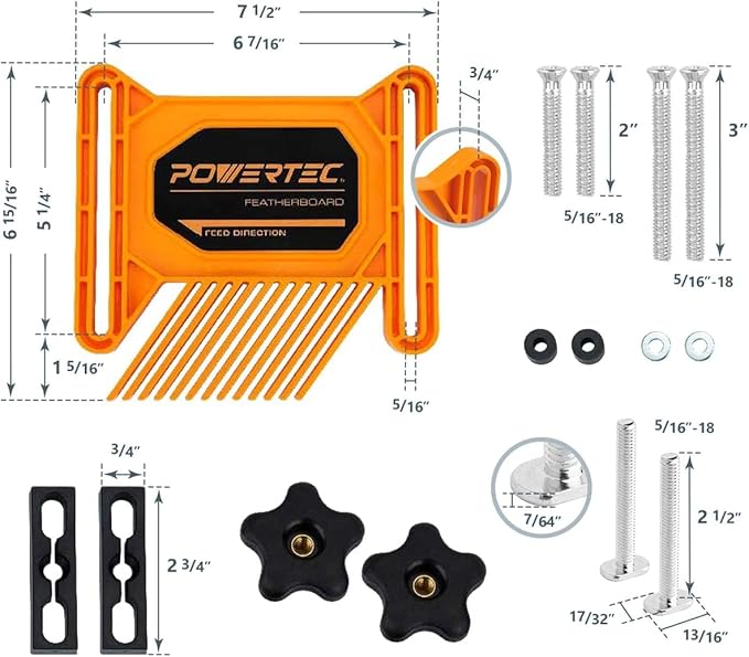 POWERTEC 72040 Table Saw Dust Collector Bag Fits 10" Tablesaws w/ 2.5" Dust Port and Dual Universal Featherboards for Multi-Functional Woodwork w/Flex and Miter Lock – 2 Pack (Double Stack Edition)