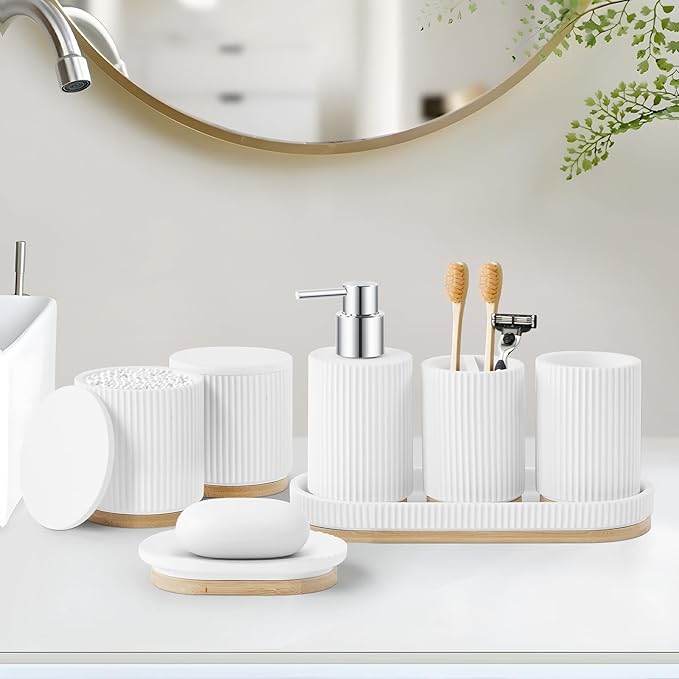 7PCS Bathroom Accessories Set, with Soap Dispenser, Q-tip Holder, Toothbrush Holder, Tumbler, Soap Dish, Vanity Tray, Complete Bathroom Accessory Set Organizer Countertop for Modern Home Decor, White