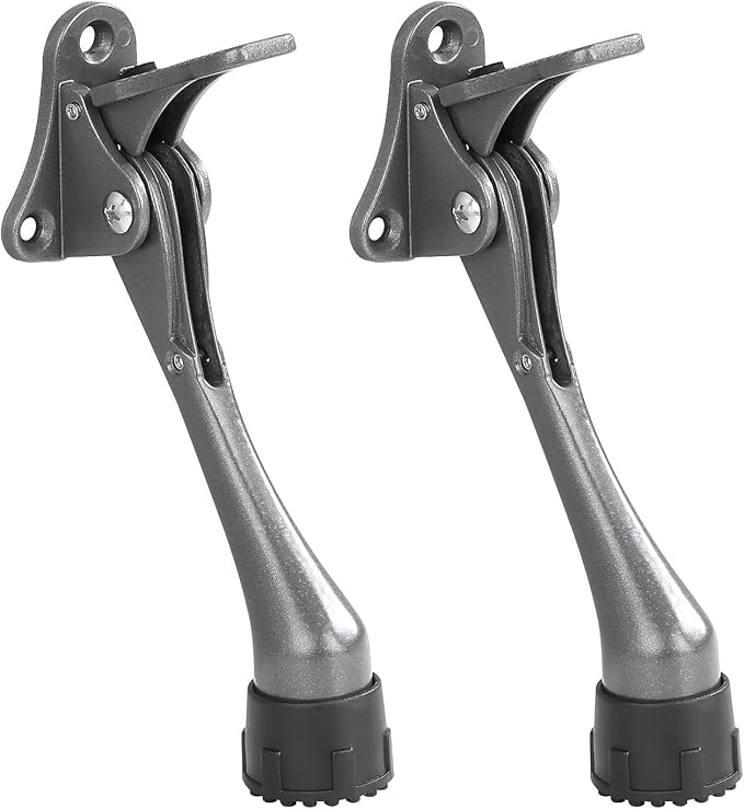 Kickdown Door Stopper 5Inches - 2 Packs One Touch Adjustable Height Door Stop for The Bottom of Door The Bottom of Door Aluminum Alloy Metal Door Stopper with Rubber Tip Silver Gray