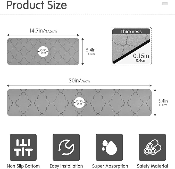 Kitchen Sink Splash Guard 2 PCS 30 Inch Sink Faucet Mat Splash Guard for Bathroom Countertop Water Absorbent Foldable Cuttable Soft Washable Monochrome Geometric Quatrefoil Grey