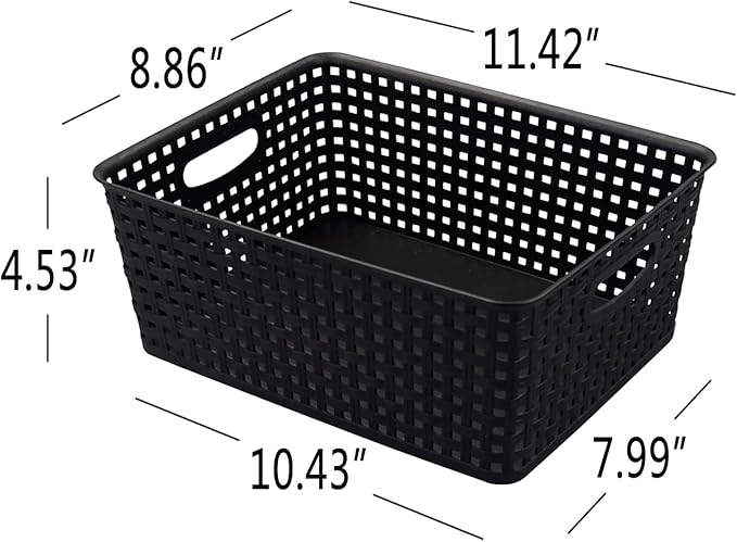 Obstnny Plastic Weave Storage Basket 4 Pack, Kitchen Pantry Organzing Basket Bin, Black