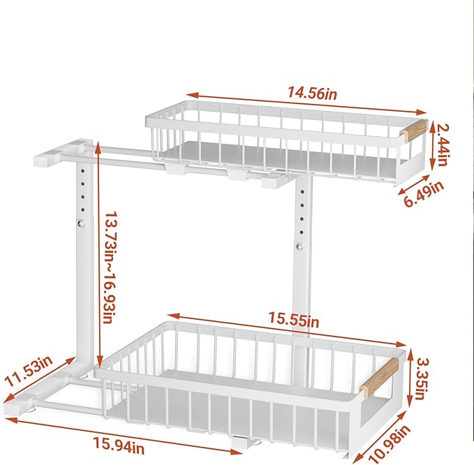 Under Sink Organizer 2-Pack 2 Tier Pull out Cabinet Organizer Shelf Metal Undersink Rack for Kitchen Bathroom Pantry Cabinet Organization and Storage, White
