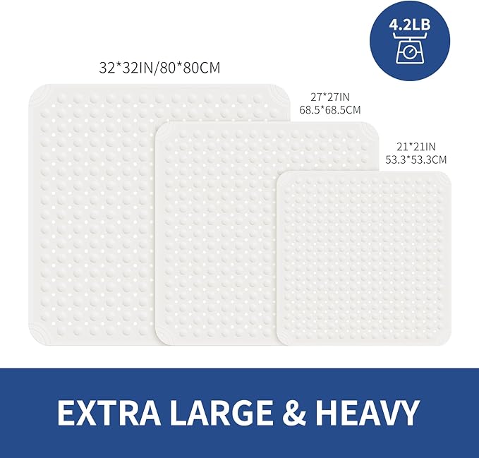 OTHWAY Square Shower Mat 32x32, TPE Non-Slip Shower Mats with Drain Holes and Suction Cups, Walk-in Mat for Inside Shower Stall, Anti-Slip for Elderly Kids (White)