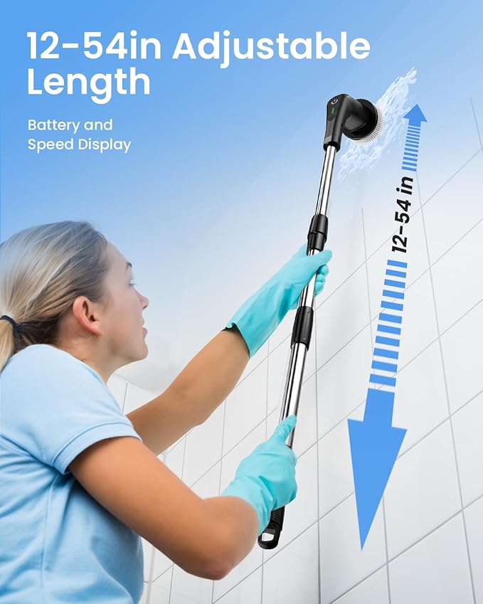 Leebein Electric Spin Scrubber, Cordless Bathroom Cleaning Brush with 8 Replaceable Brush Heads, 54 Inch Long Handle and Dual Speed Control Power Scrubber for Bathtub Floor Cleaning