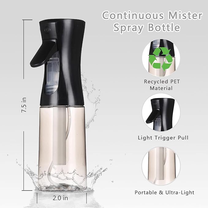 Hair Spray Bottles, Continuous Spray Bottle Fine Water Mist Spray Bottles for Hair, 2-Pack 6.8 OZ (200 ML) Mister Spray Bottle for Cleaning,Plants,Barbers,Black