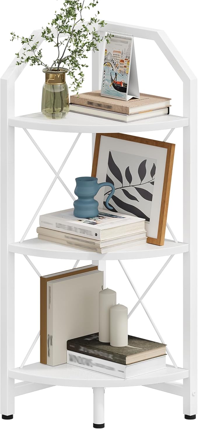 3-Tier Corner Shelf, Industrial Corner Bookshelf, 35.4" Storage Stand, Plant Stand Display Shelf, Bookcase for Bedroom, Living Room, Home Office, White TCJ03WB
