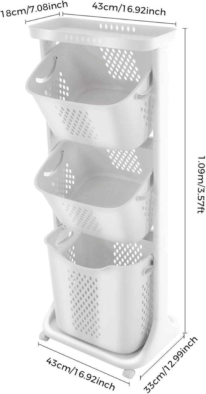 Rolling Laundry Hamper Storage Sorter, 3 Tier Rolling Laundry Hamper Cart White Laundry Baskets with Wheels for Kitchens Bathrooms Bedrooms Classrooms Laundry Rooms
