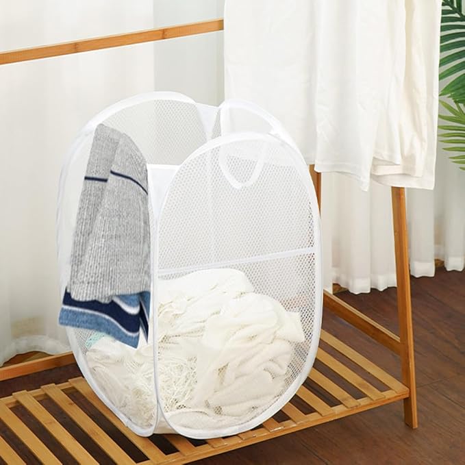 Pack of 2 Pop Up Laundry Hampers, Collapsible Mesh Laundry Baskets, Foldable Clothes Hampers for Bathroom, College Dorm, Travel (White)