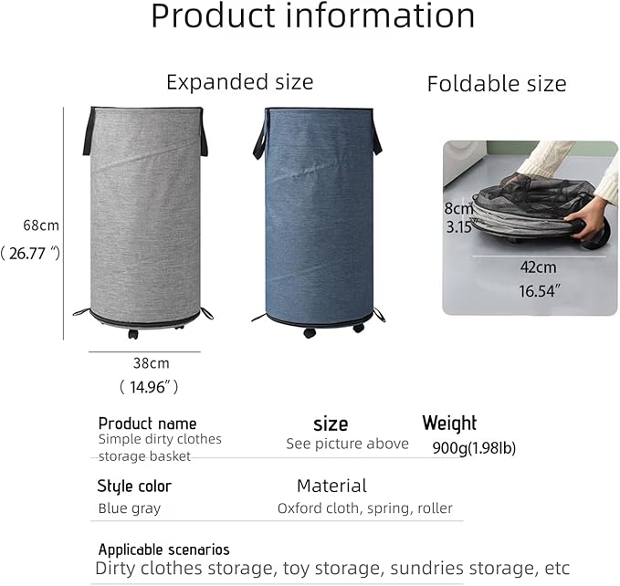 Large Laundry Basket，Waterproof, Freestanding Laundry Hamper, laundry baskets on wheels，Collapsible Tall Clothes Hamper with Extended Handles for Clothes Toys in the Dorm and Family-(72L) (blue)