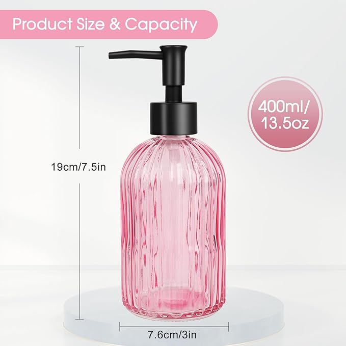 2 Pack Stripe Glass Soap Dispenser with Black Plastic Pump, 400ml Liquid Hand Soap Dispenser, Rustproof Pump for Kitchen & Bathroom, Great for Lotions, Essential Oil, Liquid Soaps- (Pink)