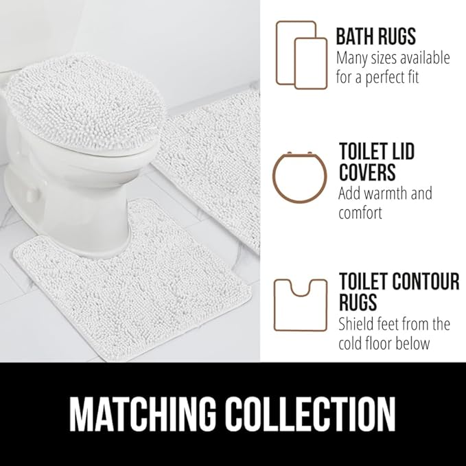 GORILLA GRIP Plush Absorbent Shaggy Chenille Bath Rug Mat for Oval Toilet Base with Rubber Backing, Machine Washable Rugs, Soft Microfiber Contour Mats for Toilets, Bathroom Decor, White