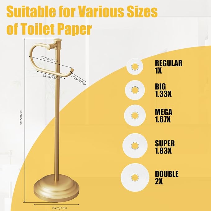 BESy Toilet Paper Holder Free Standing Bathroom Toilet Tissue Holder Stand for Floor Toilet Paper Roll Holder with Storage Hardware Accessories Rack Hand Towel Bar Brushed Gold Stainless Steel