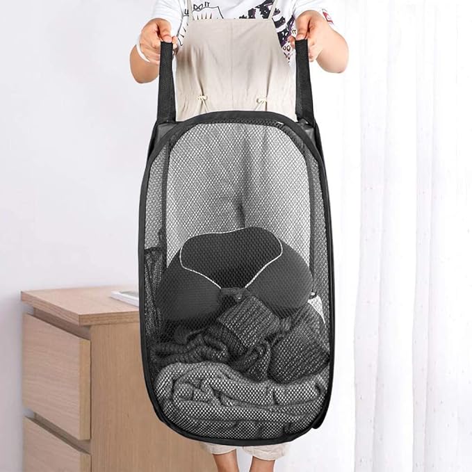 2 Packs Mesh Pop up Laundry Hamper (Black/Navy Blue) with Portable Durable Handles, Collapsible for Storage, Folding Pop-Up Clothes Hampers for Apartment, Home, College Dorm or Travel