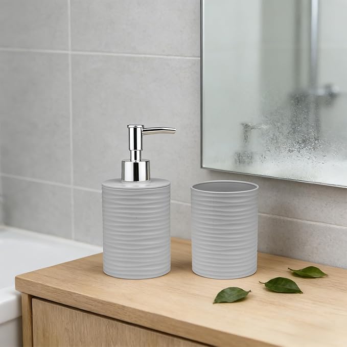 Bathroom Accessories Set, 2-Piece Gray Soap Dispenser & Toothbrush Holder with Ripple Texture & Rust-Proof Pump, Modern Matte Organization