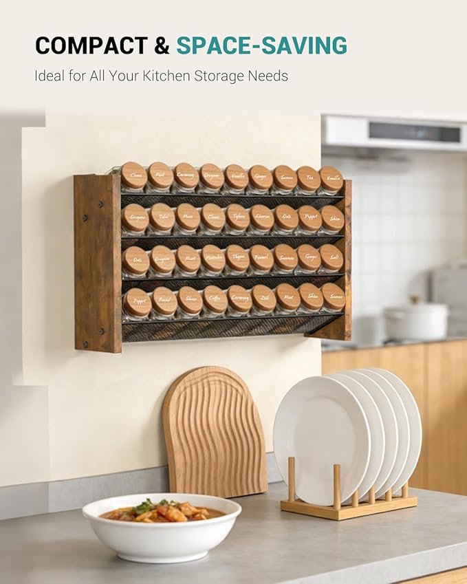 NESAPTO Spice Rack Organizer for Cabinet, Wooden 4 Tier Vertical Seasoning Organizers for Kitchen Pantry, Countertop/Wall Mount, Holds 36 Spice Jars (No Jars Included), 17.2" W × 9.4" H