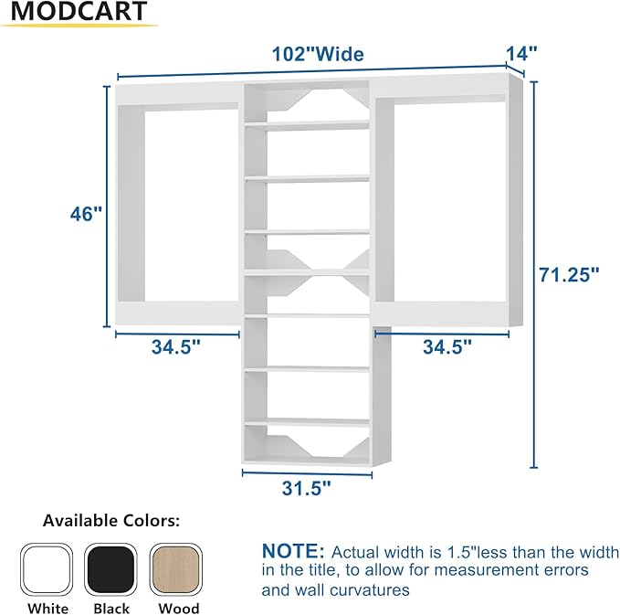 Modular Closet System, 102" Wide Closet Organizer System with Hanging and Towers, Wood Tower Closet Storage for Walk In Closets, Wall Mounted Wardrobe Organizer Kit System, Bedroom,White