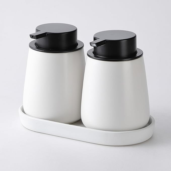 12Oz White Soap Dispenser Set - Ceramic Lotion Hand Soap Dispenser Set with Easy-to-Press Black Pump, Refillable Mordern Liquid Dish Soap Dispensers for Bathroom & Kitchen, 2 Pack