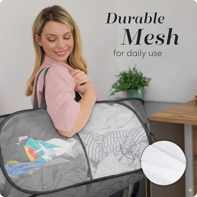 Foldable Laundry Basket - Popup and Collapsible, Durable Mesh Material, Folds for Storage, Easy Carry Handles - Great Hamper for College Dorm, Laundry Room or Travel (Black, 2-Compartments)