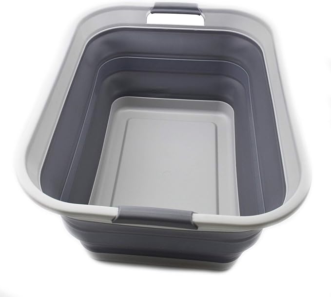 SAMMART 42L(11 gallon) Collapsible Plastic Laundry Basket-Foldable Pop Up Storage Container/Organizer-Portable Washing Tub-Space Saving,Water capacity 34L(9 gallon) (1 Rectangular - strengthen, Grey)