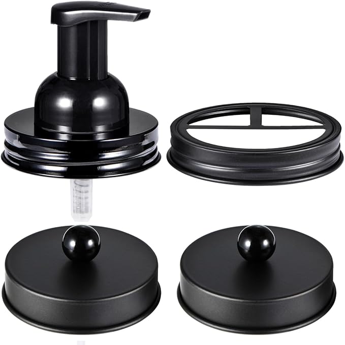 Mason Jar Bathroom Accessories Set(4pcs)-Jars Not Included - Foaming Soap Dispenser and Apothecary Jars Lids for Regular Mouth jar, Wide Mouth Toothbrush Holder lid, Farmhouse Decor-Black