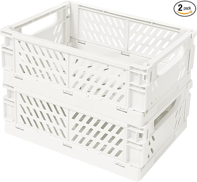 Small Pastel Plastic Storage Bins 2Pcs Foldable Pastel Crates Plastic Basket Colorful Storage Containers Baskets for Classroom Kitchen Office Bedroom Desktop Home Decor (White 5.8" x 3.8" x 2.2")