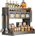 Kitchen Seasoning Shelf Spice Rack Wall Mount with Hooks and Utensil Holder Hanging Seasoning Box Shelf Seasoning Jar Organizer for Sugar Salt Pepper Oil Bottle (4 Boxes)