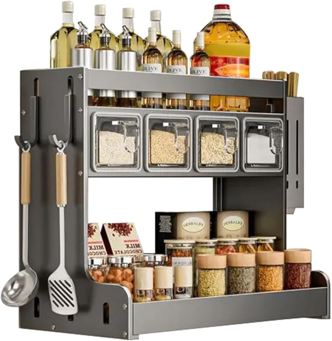 Kitchen Seasoning Shelf Spice Rack Wall Mount with Hooks and Utensil Holder Hanging Seasoning Box Shelf Seasoning Jar Organizer for Sugar Salt Pepper Oil Bottle (4 Boxes)