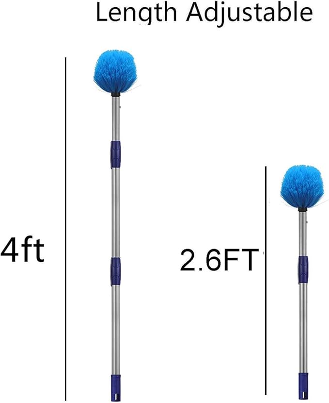 Cobweb Duster with Pole, 4ft Stainless Steel Pole Cobweb Brush with Medium-Stiff Bristles for Walls Beams Shelves Iight Fixtures and Window Screens