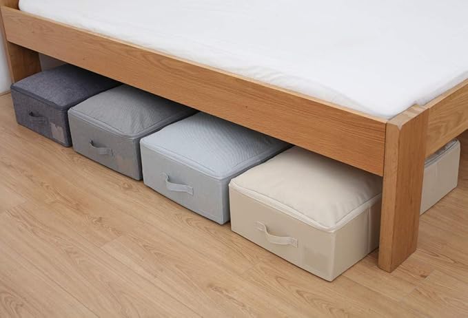 iwill CREATE PRO Folding Under Bed Shoes Storage Organiser Bins with Lid, Underbed Clothes Organizer Basket, Garment Storage Boxes, Beige