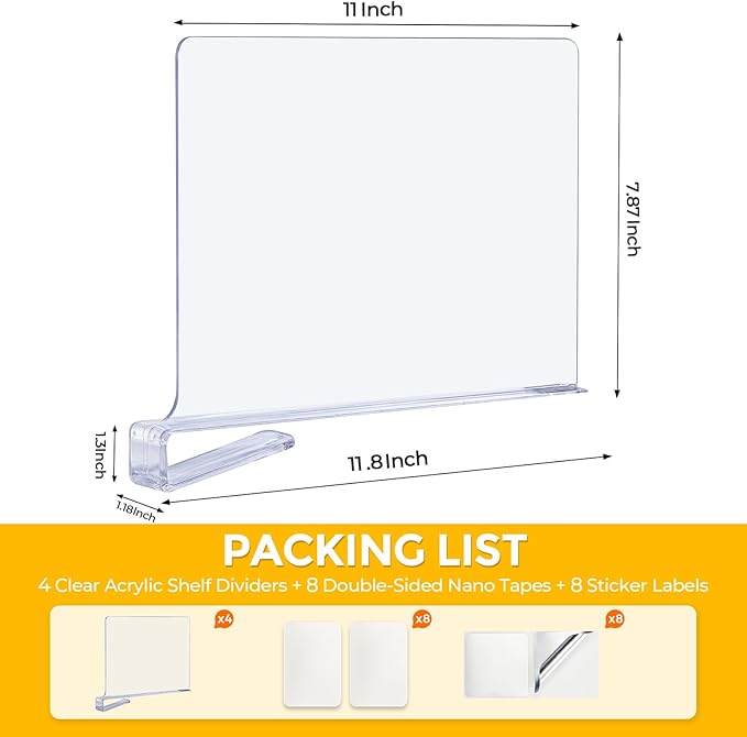 JOY DECOR 2 Pack Acrylic Clear Shelf Dividers for Closets Organizer and Storage Adjustable Vertical Wood Shelf Closet Separators for Clothes,Book,Bags in Bedroom and Kitchen